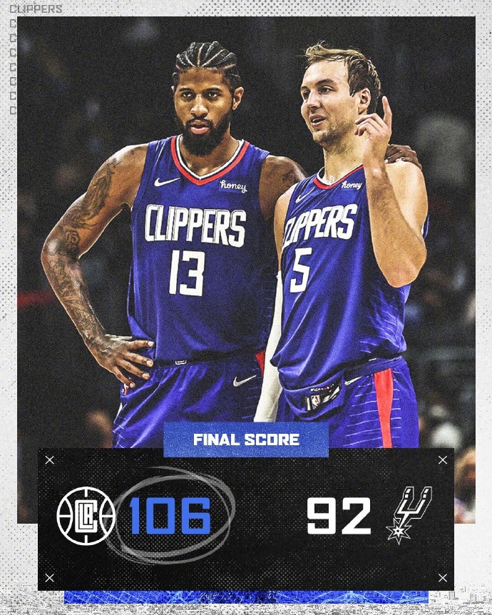 快船106-92战胜马刺 乔治34+9 雷吉21+6 <a href=/mingxing/basketball/zibo/124.html target=_blank class=infotextkey>穆雷</a>26+12+9
