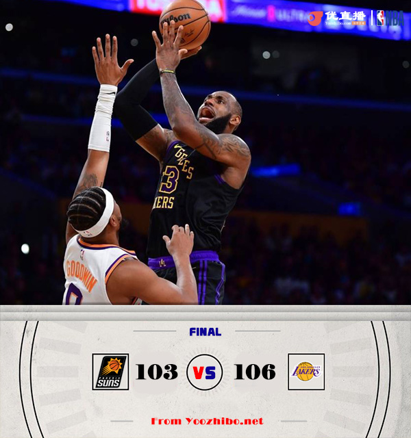 <a href=/basketball/zibo/lakers/ target=_blank class=infotextkey>湖人</a>106-103险胜<a href=/basketball/zibo/suns/ target=_blank class=infotextkey>太阳</a> 詹姆斯31+8+11+机智暂停 里夫斯关键3分 KD绝平失败